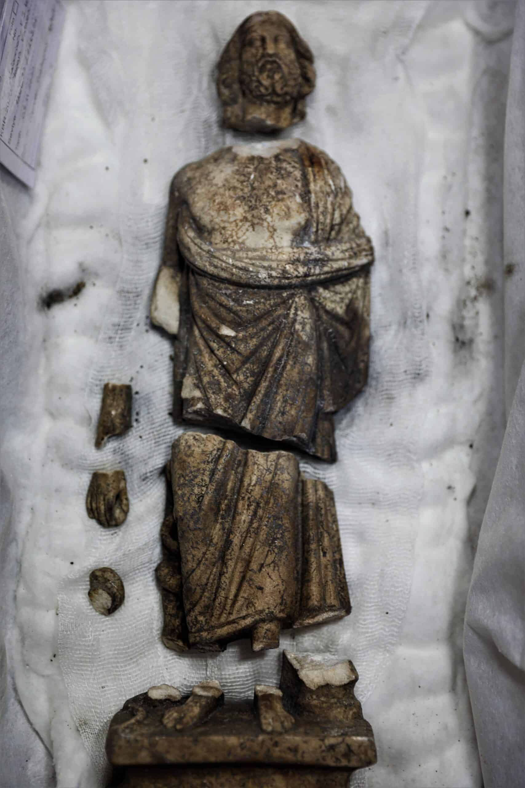 Discovered by Turkish archeologists. The statue of Asclepios is seen in seven pieces, found in the ancient city of Kibyra in Burdur province, southwestern Turkey,