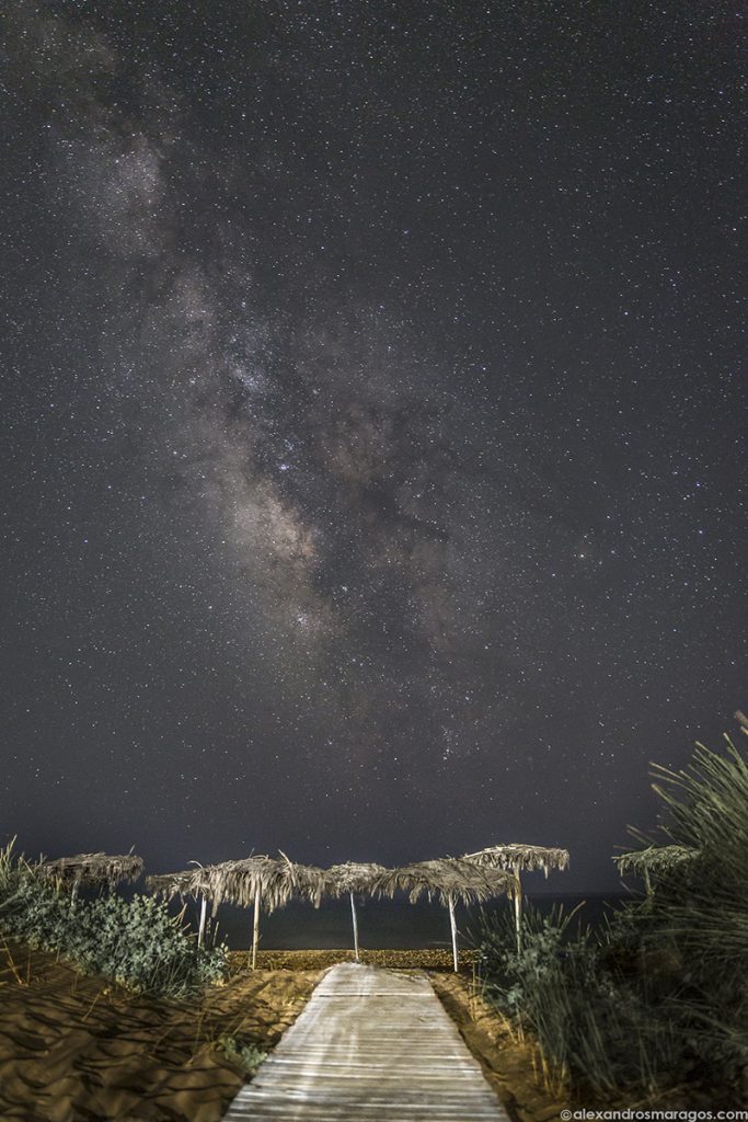 The Milky Way over a beach at Methoni, Greece.