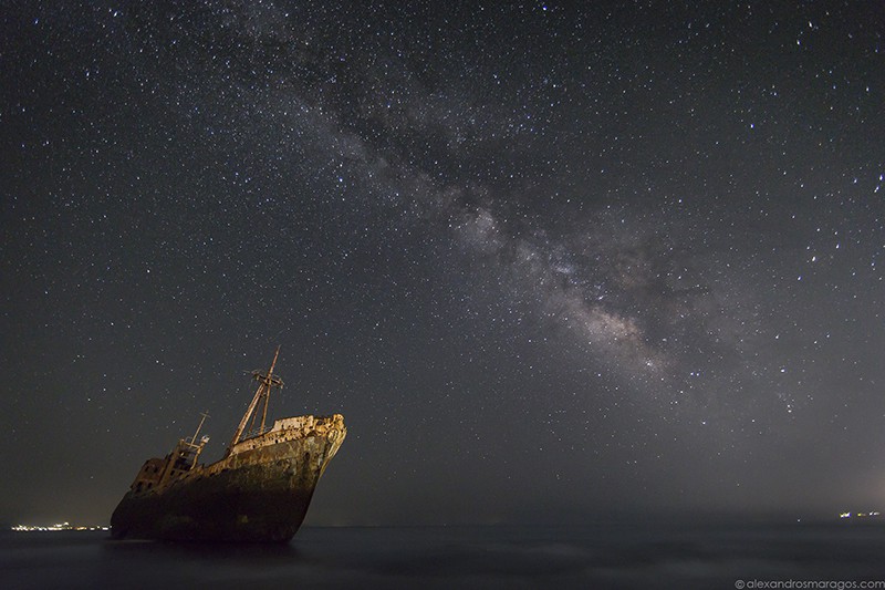 The Milky Way over "Dimitrios" shipwreck at Gytheio, Greece.