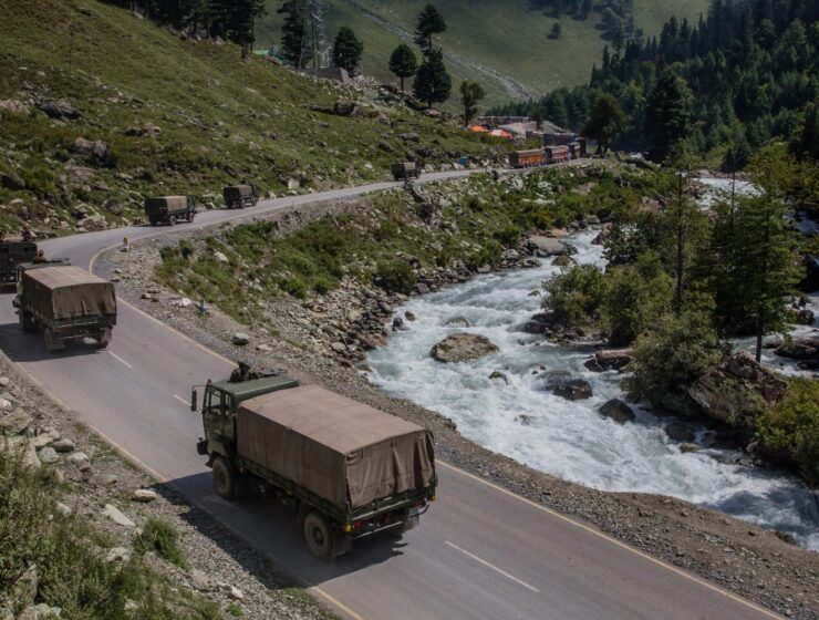 Indian Army convoys drive toward the town of Leh on a highway bordering China in Gagangir, India, on Sept. 2, 2020. YAWAR NAZIR/GETTY IMAGES Ladakh