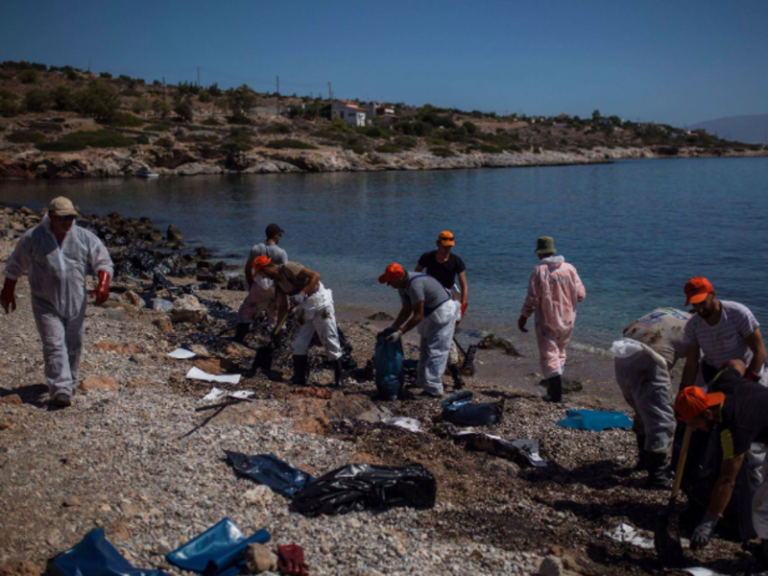 Greece tries to clean up oil spill on Athens coastline