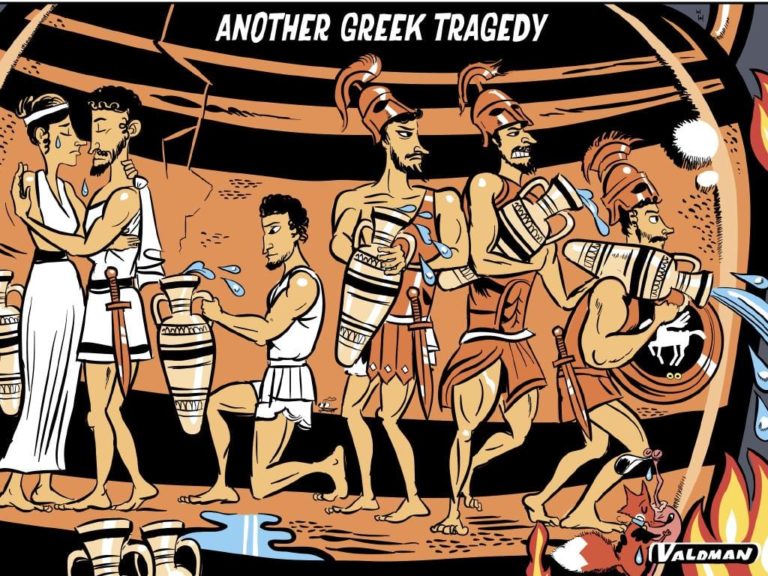 Insensitive Greek Fire Tragedy cartoon printed in Australian Newspaper