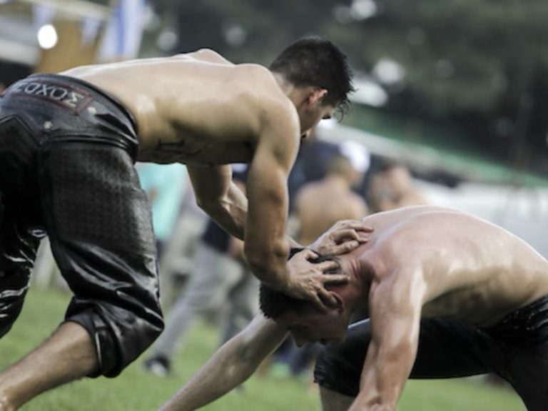 Oil wrestling competition takes place in Sochos
