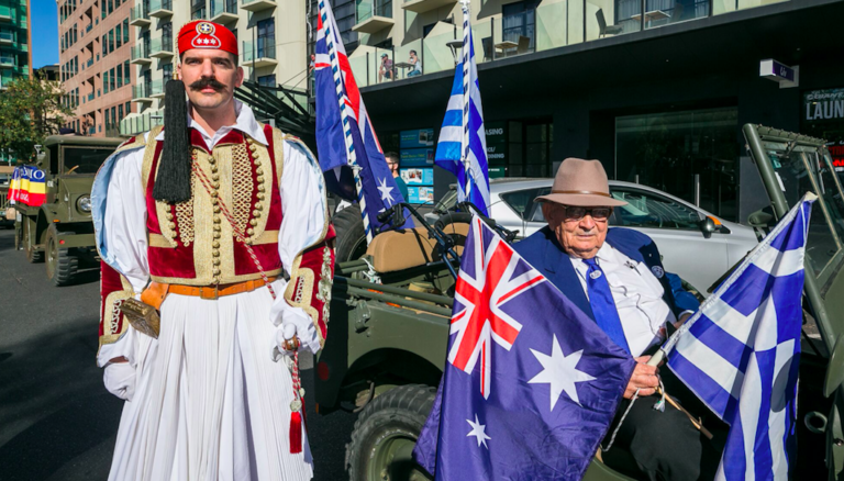 Evzones march through streets of Adelaide for ANZAC Parade 2019