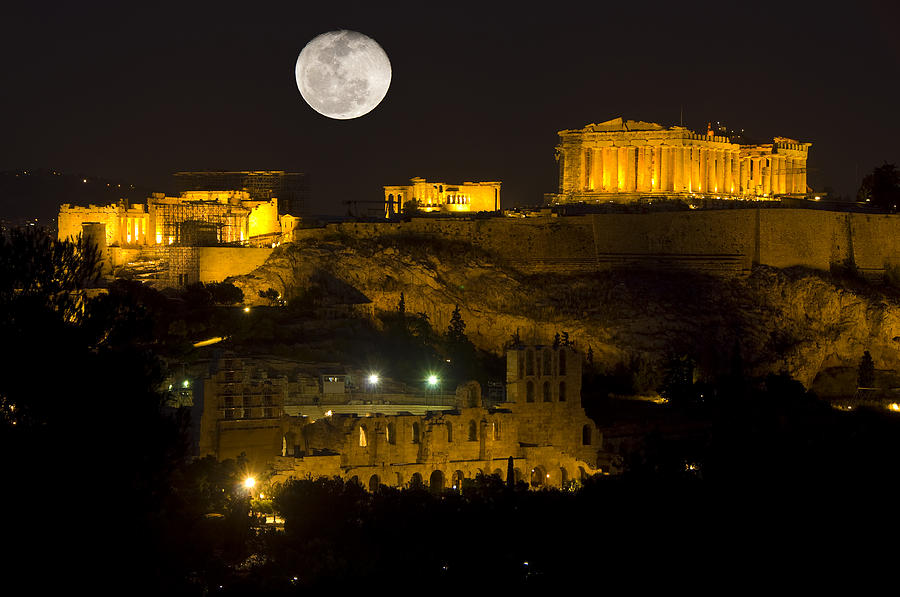 acropolis at night with full moon ilin wu