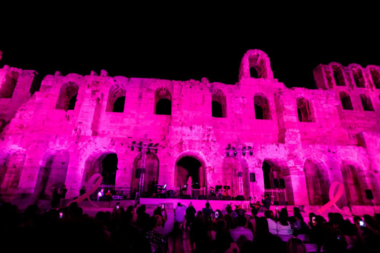 Odeon of Herodes is illuminated pink in honour of Breast Cancer awareness month