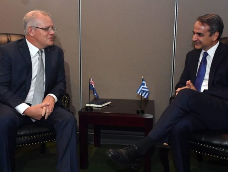 Australia’s Prime Minister Scott Morrison and Greece’s Prime Minister Kyriakos Mitsotakis