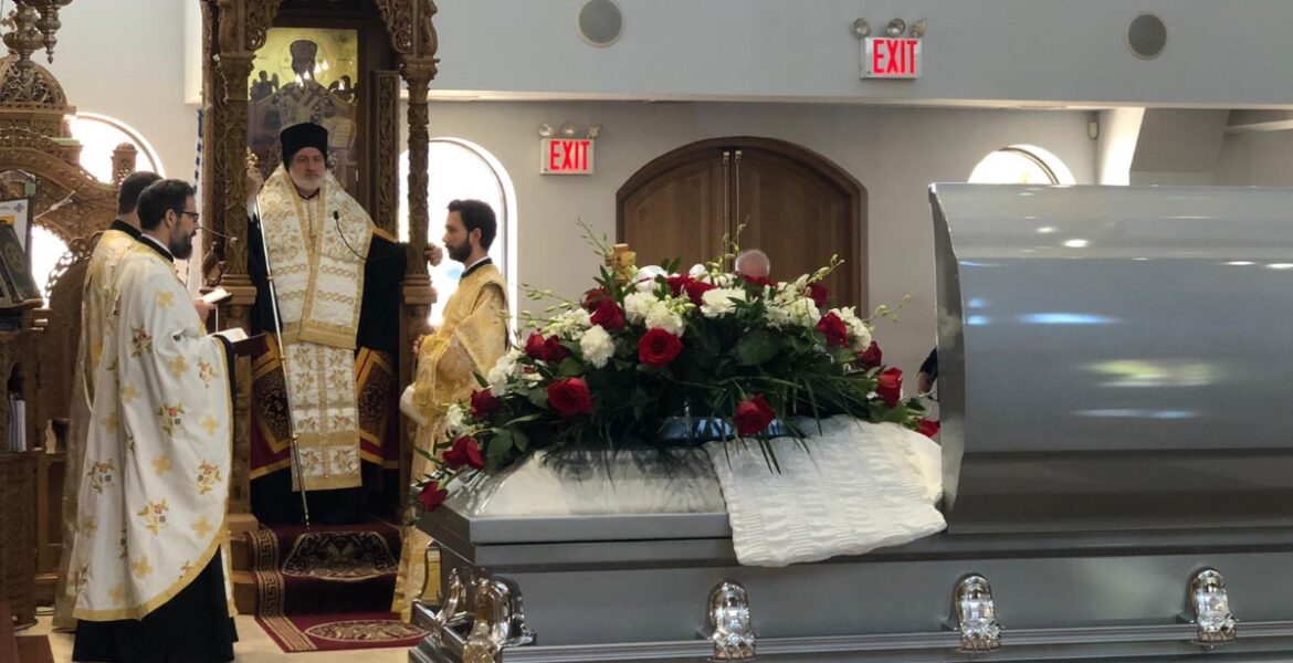 His Eminence Archbishop Elpidophoros of America officiates at the funeral service of George Zapantis