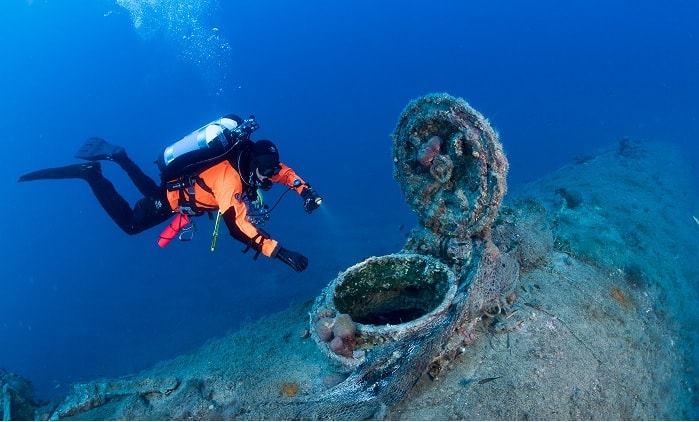 WWII submarine wreck lying in the Ionian Sea, cleared of fishing nets