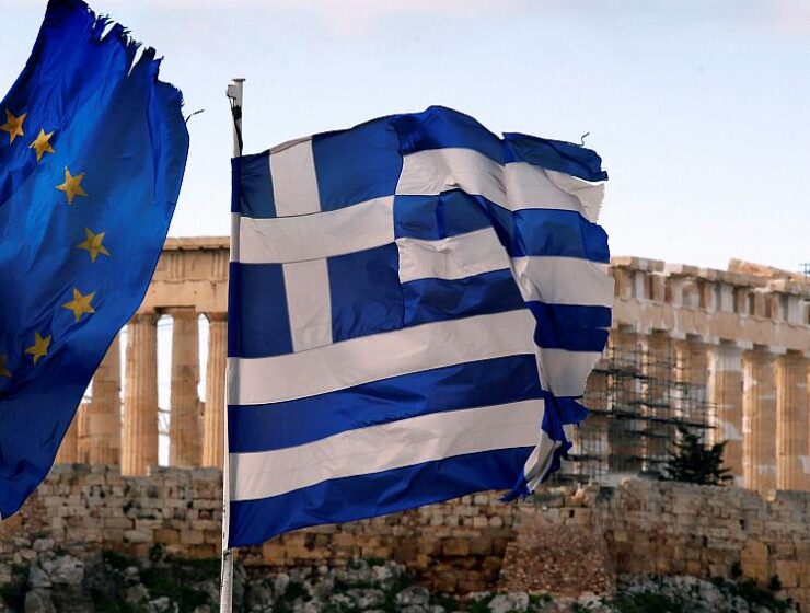 Greek EU flag Acropolis greek economy