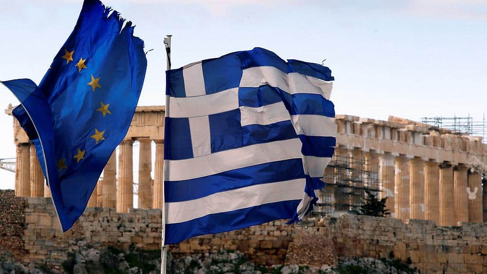 Greek EU flag Acropolis greek economy