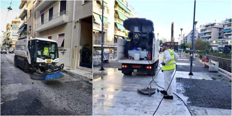 Street cleaning operation in Kato Patisia