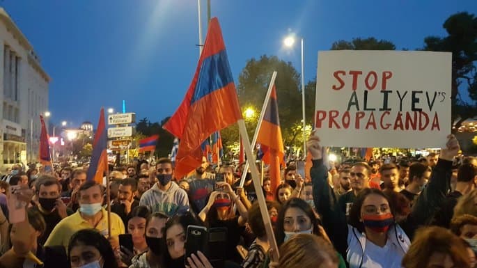 Armenian community in Greece protesting against Azerbaijan's invasion of Artsakh.