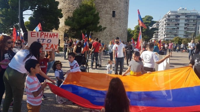 Armenian community in Thessaloniki protesting against Azerbaijan's invasion of Artsakh.