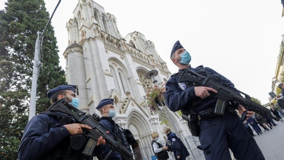 French police outside the Notre Dame Cathedral in Nice.