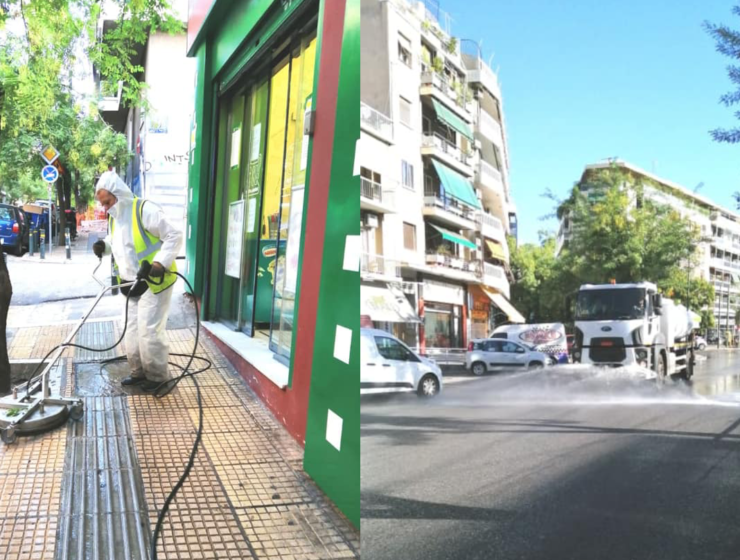 Street cleaning operation in Neos Kosmos, Athens