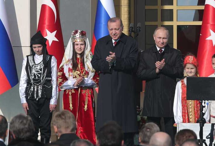 Turkish President Erdogan and his Russian counterpart Putin attend groundbreaking ceremony of the Akkuyu Nuclear Power Plant through videolink, at the Presidential Palace in Ankara