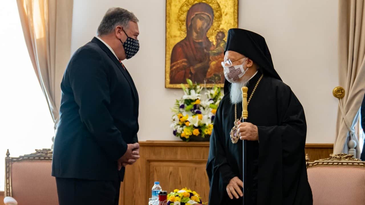 US Secretary of State Mike Pompeo meets Ecumenical Patriarch Bartholomew I on November 17, 2020.