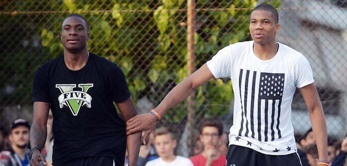 Giannis Antetokounmpo playing basketball at a local court in Sepolia in 2019.
