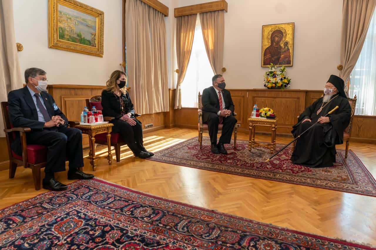 US Secretary of State Mike Pompeo meets Ecumenical Patriarch Bartholomew I on November 17, 2020.