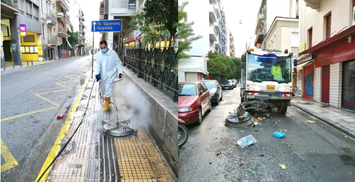 Street cleaning operation in Omonoia, Athens