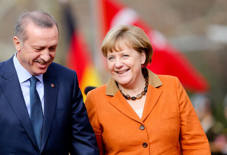 Turkish President Recep Tayyip Erdoğan with German Chancellor Angela Merkel.