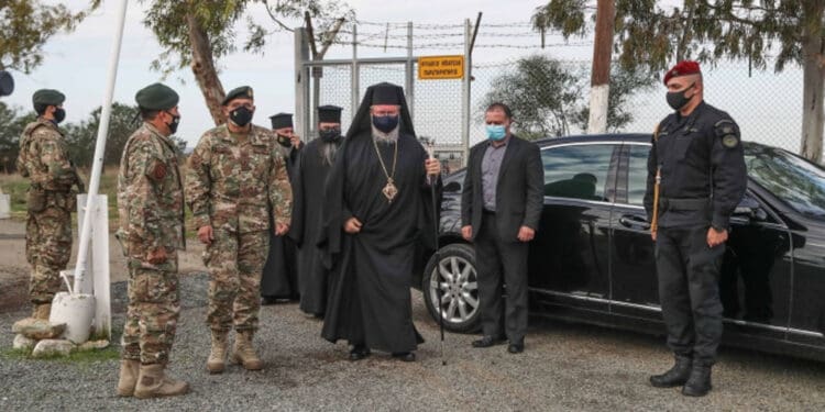 Archbishop Chrysostomos II of Cyprus visits soldiers serving in the Green Line