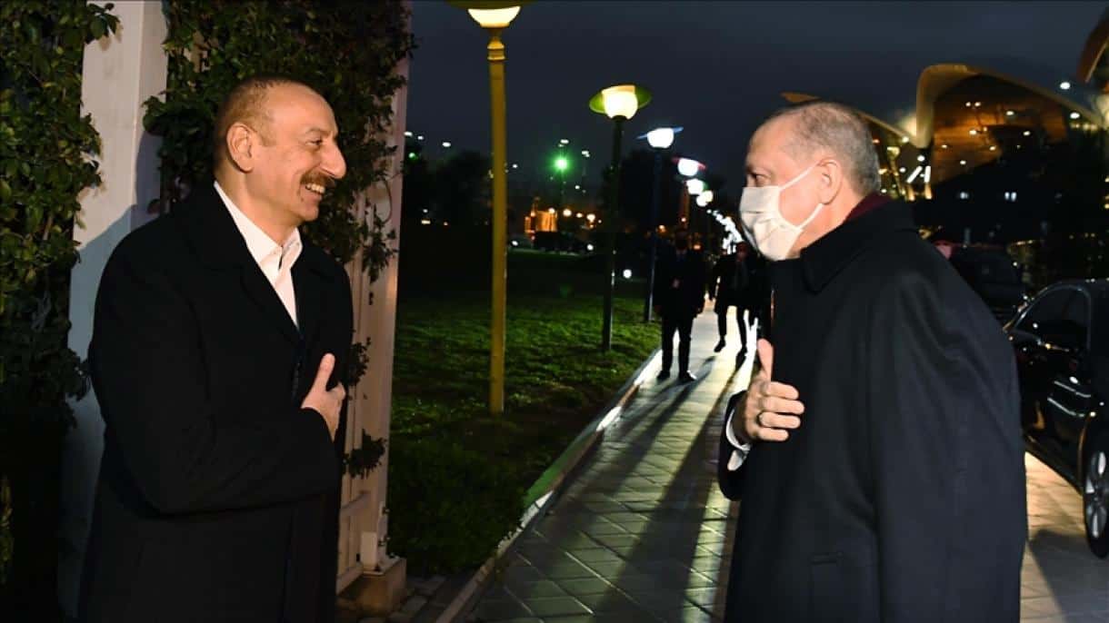 Turkish President Recep Tayyip Erdoğan meeting with his Azerbaijani counterpart Ilham Aliyev in Baku for Friday's victory parade.