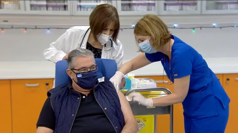 COVID-19 Communist Party leader Dimitris Koutsoumbas gets vaccination shot at public hospital in Athens.