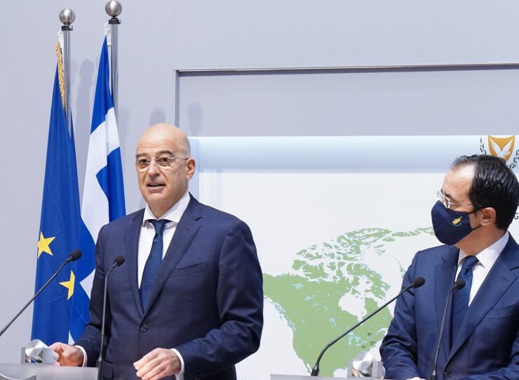 Greek Foreign Minister Nikos Dendias with his Cypriot counterpart Nikos Christodoulidis.