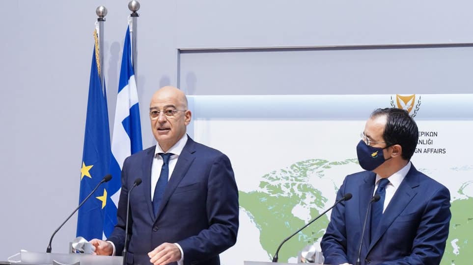 Greek Foreign Minister Nikos Dendias with his Cypriot counterpart Nikos Christodoulidis.