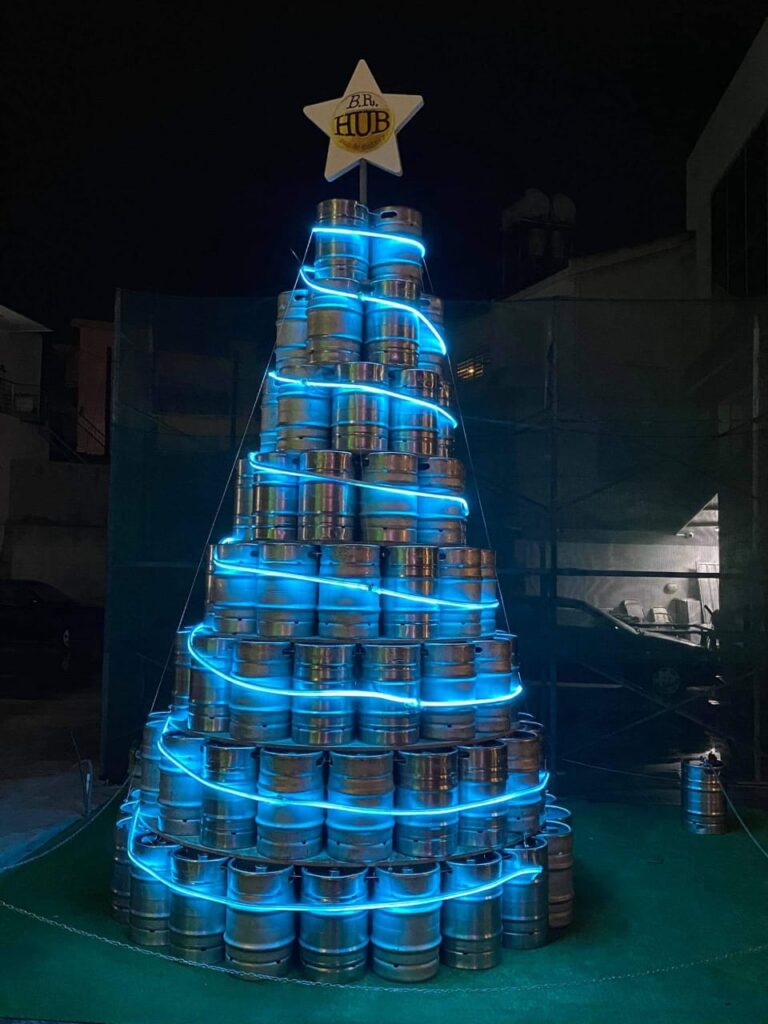 Pub in Nicosia construct a giant Christmas tree out of beer kegs