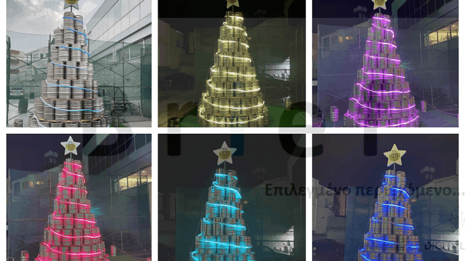 Pub in Nicosia construct a giant Christmas tree out of beer kegs