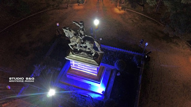 Statue of Kolokotronis in Nafplio illuminated