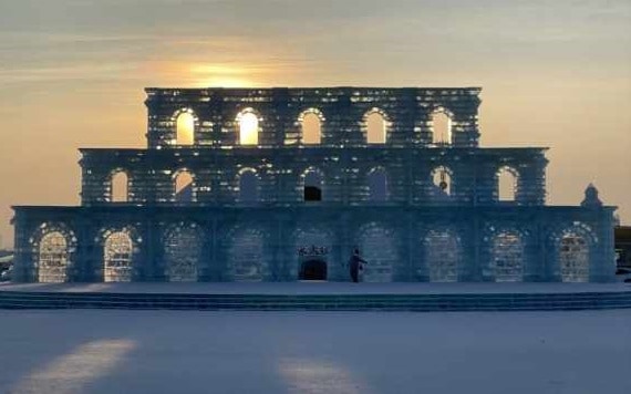 Ice sculpture replica of Odeon of Herodes Atticus at China’s Harbin Ice Festival
