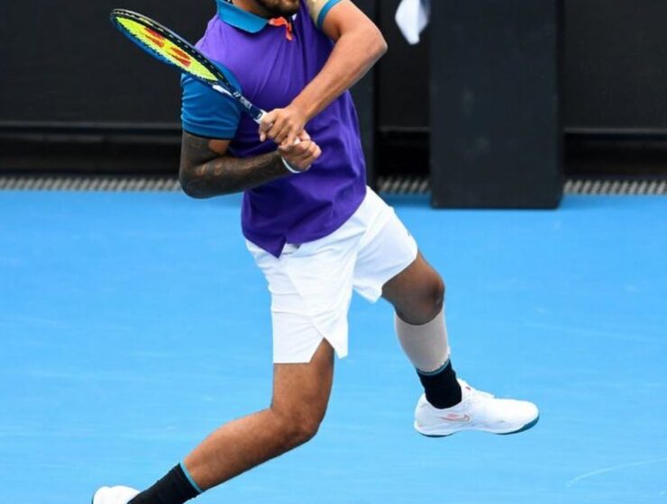 Nick Kyrgios hits hard to reach the second round of the Murray River Open