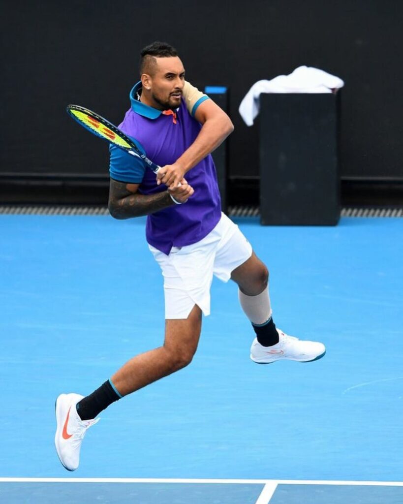 Nick Kyrgios hits hard to reach the second round of the Murray River Open