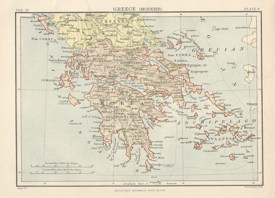 Ελλάδα αντίκα χάρτη από Encyclopaedia Britannica 1875 1889 3 1