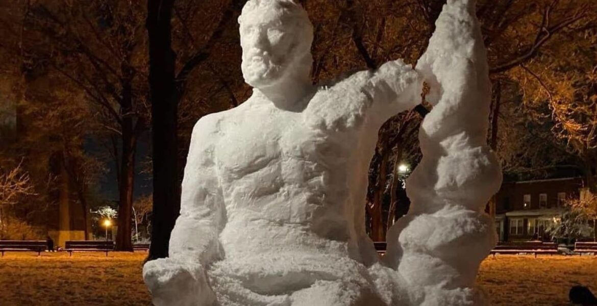 Snow statue of Hippocrates goes up in Astoria Park
