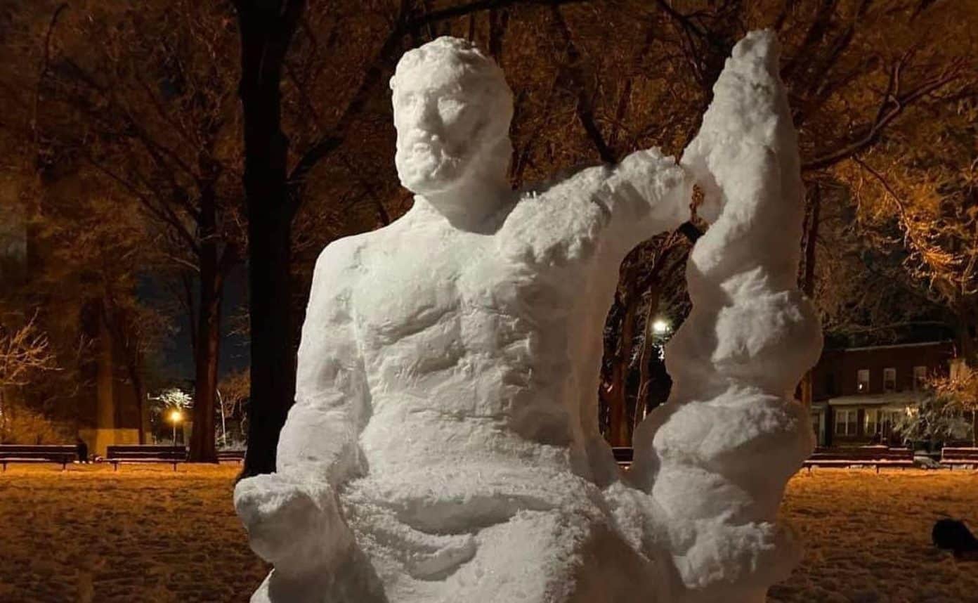 Snow statue of Hippocrates goes up in Astoria Park