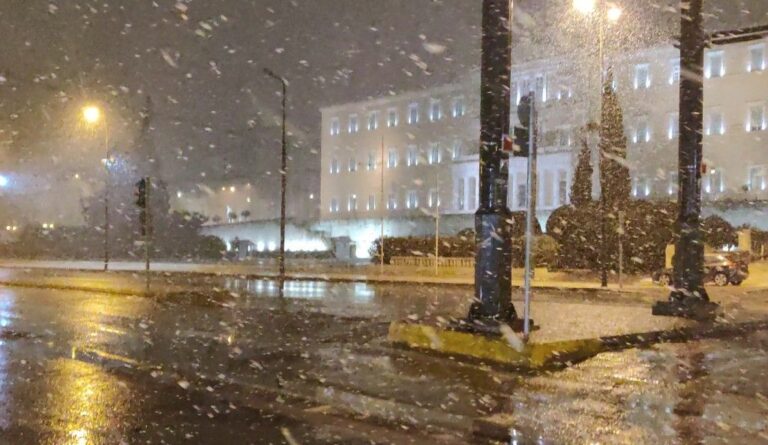 Athens turns into a snow-globe scene