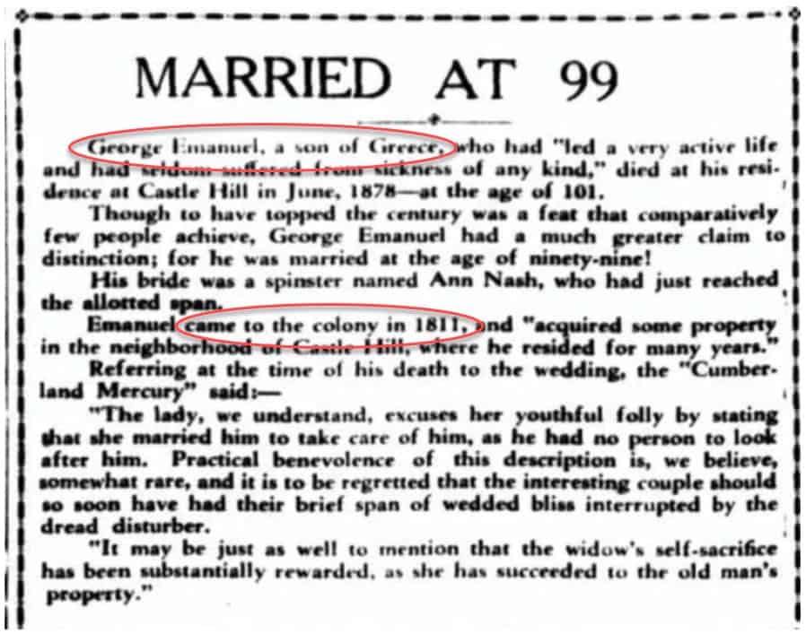 newspaper article Greek immigrant George Emanuel arrived in Australia in 1811