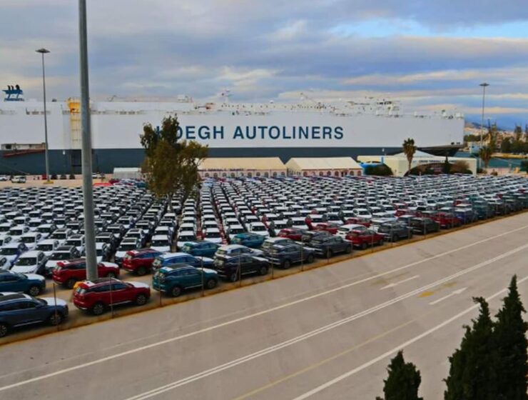 Thousands of new cars parked in the port of Piraeus