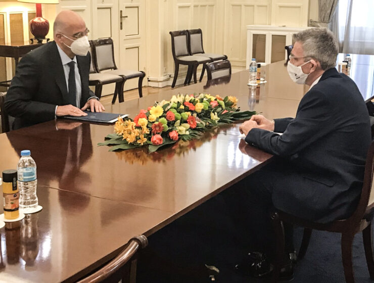U.S. Ambassador Geoffrey Pyatt with Foreign Minister Nikos Dendias on April 13, 2021.