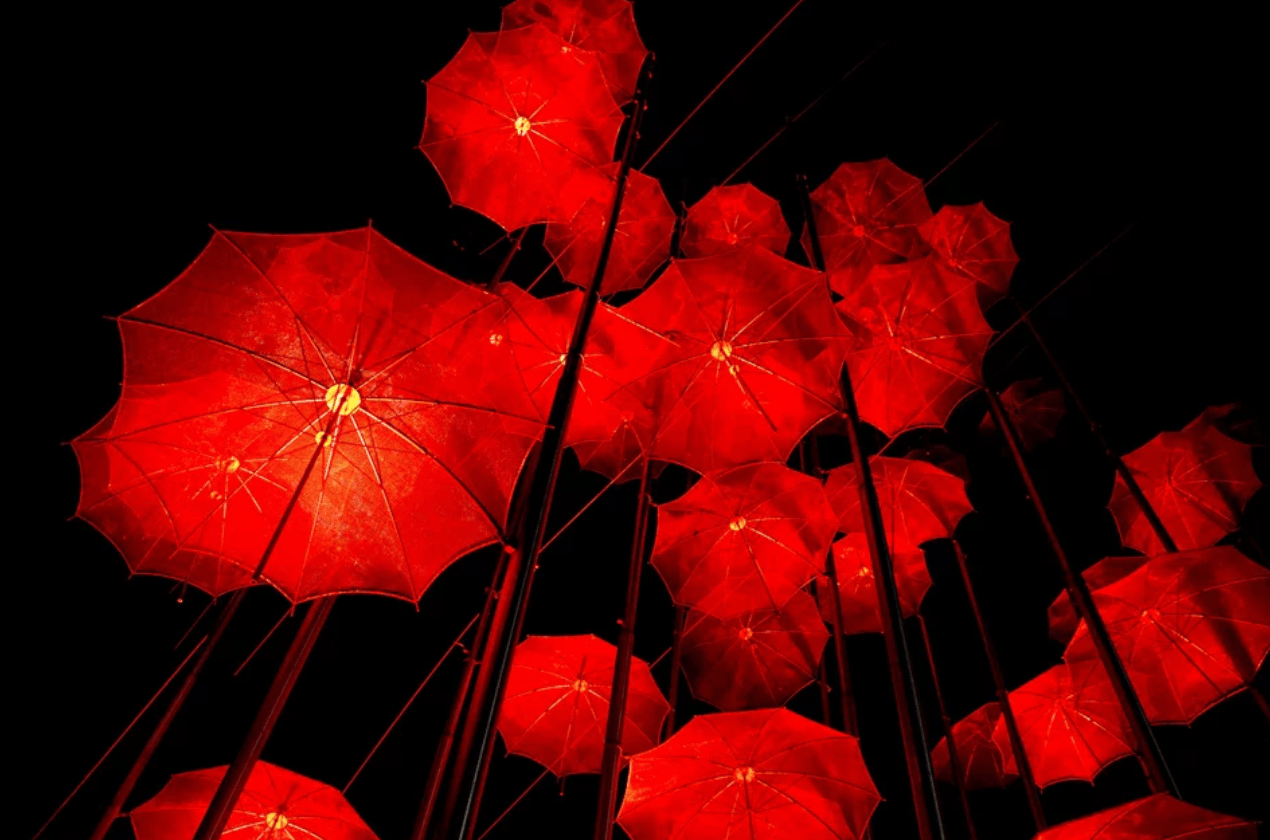 The famous "Umbrellas" of Thessaloniki illuminated in red