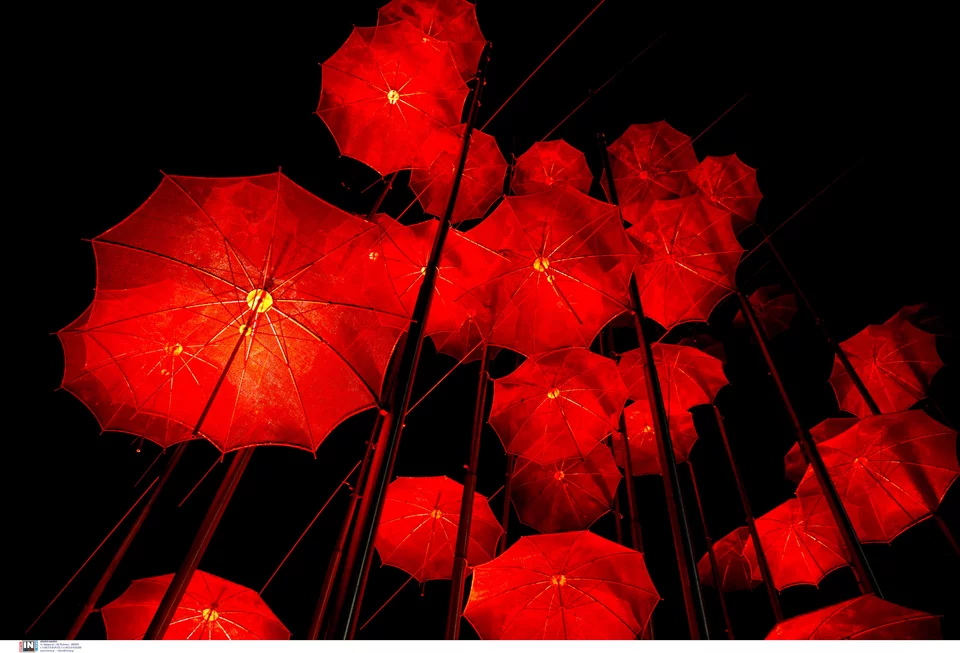 The famous "Umbrellas" of Thessaloniki illuminated in red 