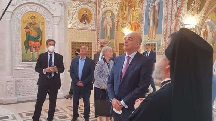 The Greek Foreign Minister Nikos Dendias at St. Andrew's Church in Gelendzhik on may 25, 2021.