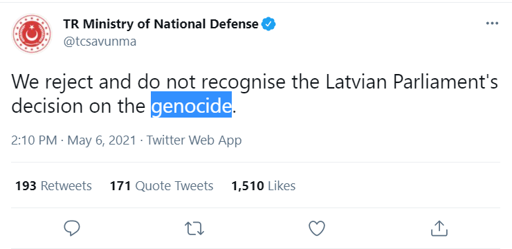 Turkish Defence Ministry tweet Armenian Genocide