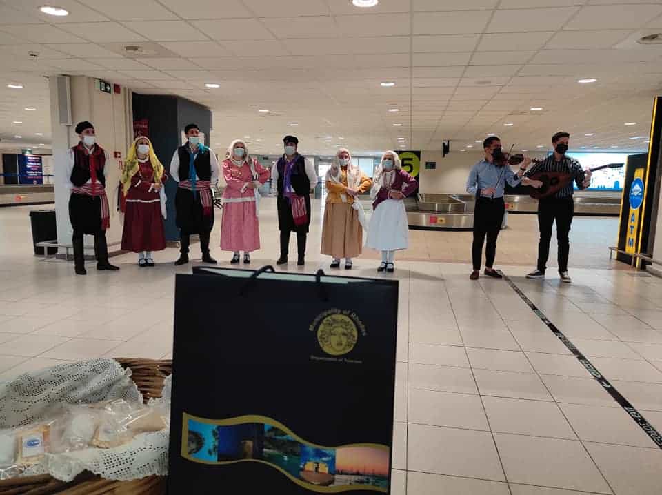 Dancers welcome tourists at Rhodes International Airport