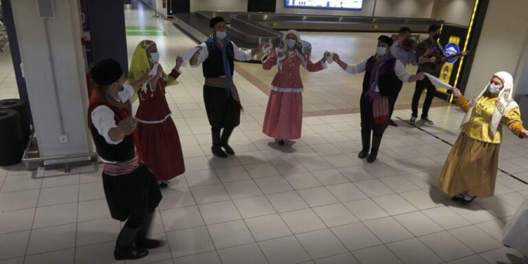 Dancers welcome tourists at Rhodes International Airport